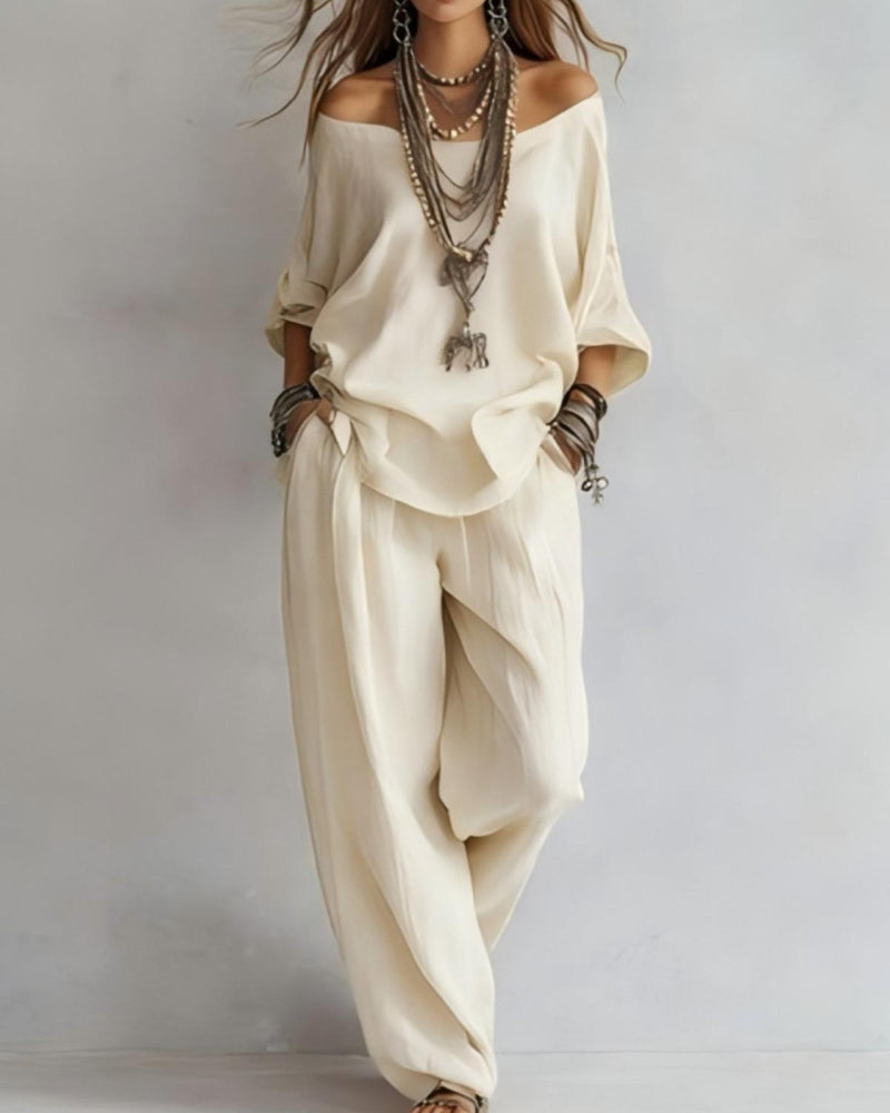 Summer Linen Set Relaxed Fit Top & Wide-Leg Pants Effortless Casual Wear - Seldom Seen Styles