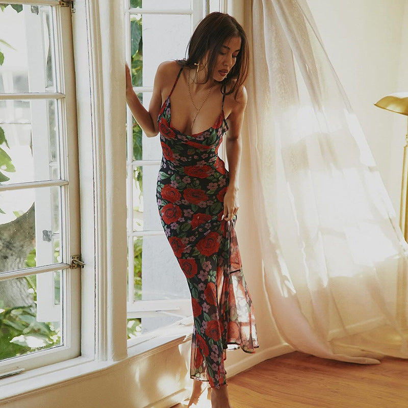 Summer ins style fashion new sexy V-neck temperament versatile slim long printed suspender dress women - Seldom Seen Styles