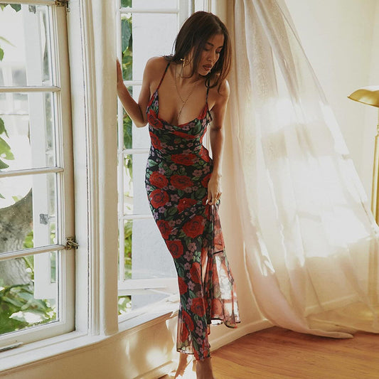 Summer ins style fashion new sexy V-neck temperament versatile slim long printed suspender dress women - Seldom Seen Styles