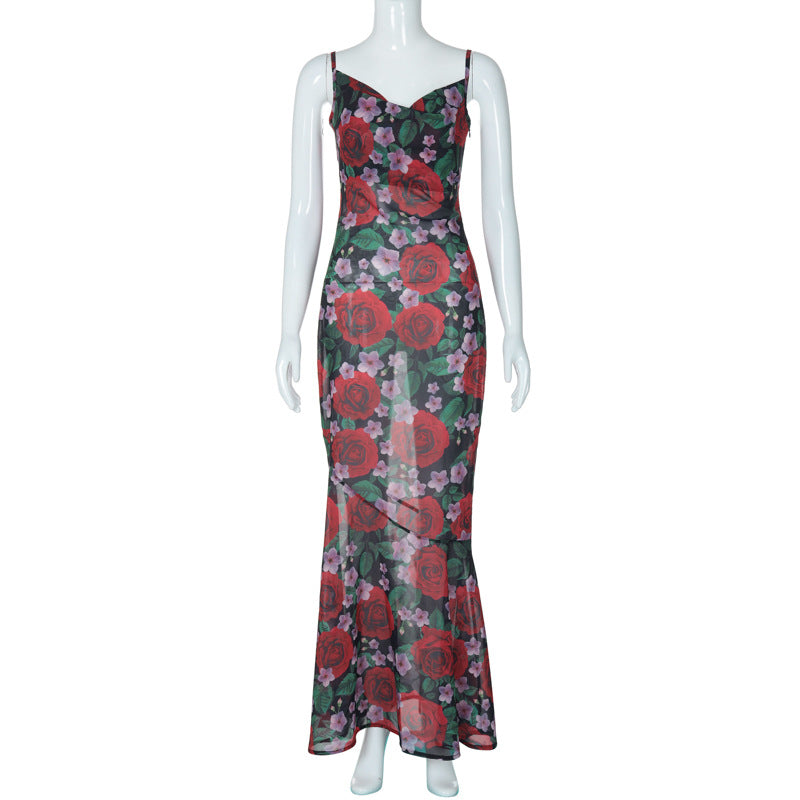 Summer ins style fashion new sexy V-neck temperament versatile slim long printed suspender dress women - Seldom Seen Styles