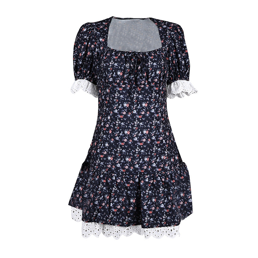 Summer new French lace splicing small floral high waist dress women's design sense fashion temperament commute - Seldom Seen Styles