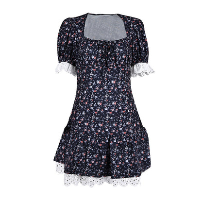Sommer neues französisches Spitzen-Spleiß-Kleid mit kleinen Blumen, hoher Taille, Damendesign, Sinn für Mode, Temperament, Pendler