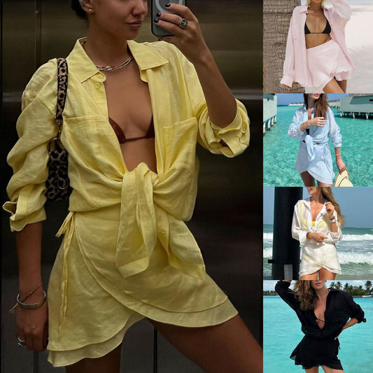 Summer new beach sunscreen shirt seaside casual vacation skirt swimsuit outer blouse shirt set - Seldom Seen Styles
