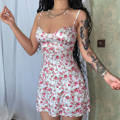 Summer new small floral short skirt suspender dress