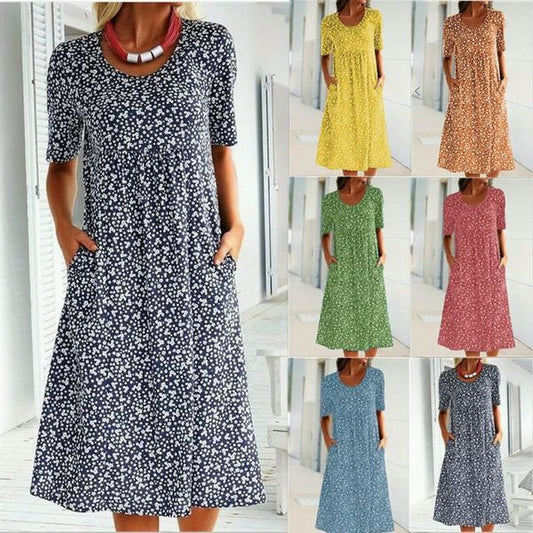 Summer round neck short sleeve flower sleeve midi dress (8 colors with pockets) - Seldom Seen Styles