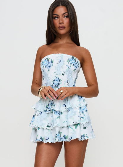 Mini-robe volantée Sunkiss blanche et bleue
