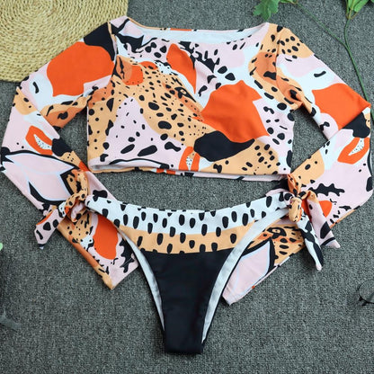 Maillot de Bain de Surf pour Femmes 2021 Bikini Manches Longues Maillot de Bain Imprimé Tigre Push Up Maillot de Bain d'Été Deux Pièces Bandeau Biquini