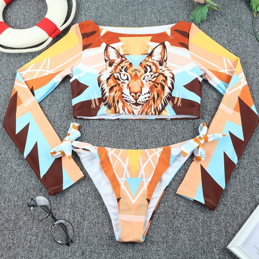 Surfing Swimsuit For Women 2021 Bikini Long Sleeve Swimwear Tiger Print Push Up Summer Bath Suit Two Piece Bandeau Biquini - Seldom Seen Styles