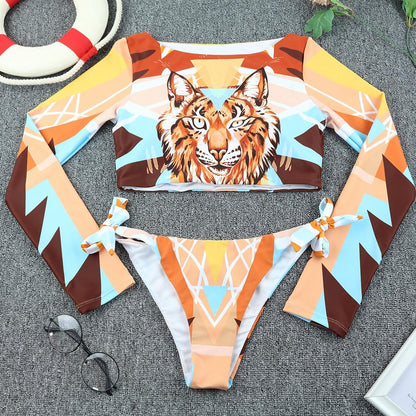Maillot de Bain de Surf pour Femmes 2021 Bikini Manches Longues Maillot de Bain Imprimé Tigre Push Up Maillot de Bain d'Été Deux Pièces Bandeau Biquini