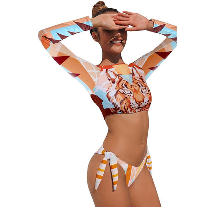 Maillot de Bain de Surf pour Femmes 2021 Bikini Manches Longues Maillot de Bain Imprimé Tigre Push Up Maillot de Bain d'Été Deux Pièces Bandeau Biquini