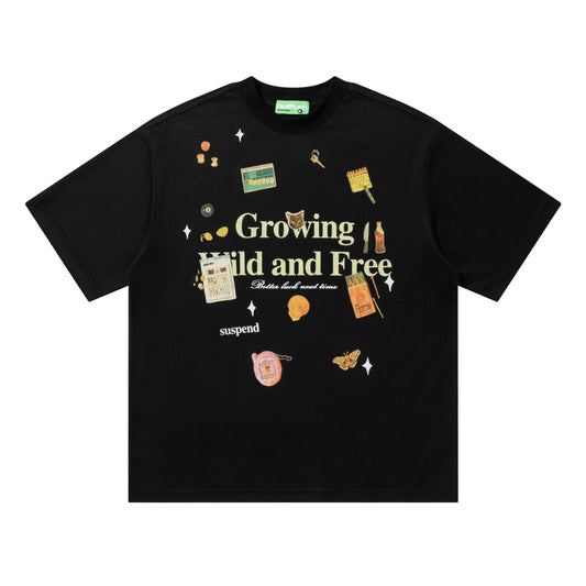 Suspend Growing Wild and Free Waffle Texture Scatter Object Graphic Oversized Tee Streetwear Short Sleeve T-Shirt - Seldom Seen Styles