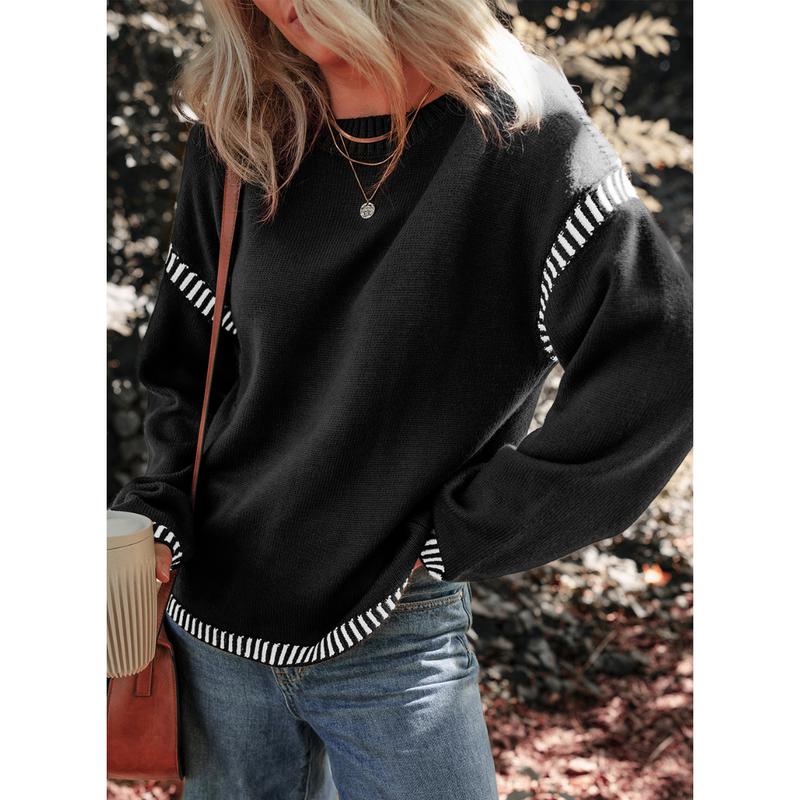 Sweaters for Women Fashion Solid Crewneck Loose Fit Long Sleeve Contrast Cable Knit Pullover Sweater Jumper Tops Knitwear Womenswear Knitwear Womenswear - Seldom Seen Styles