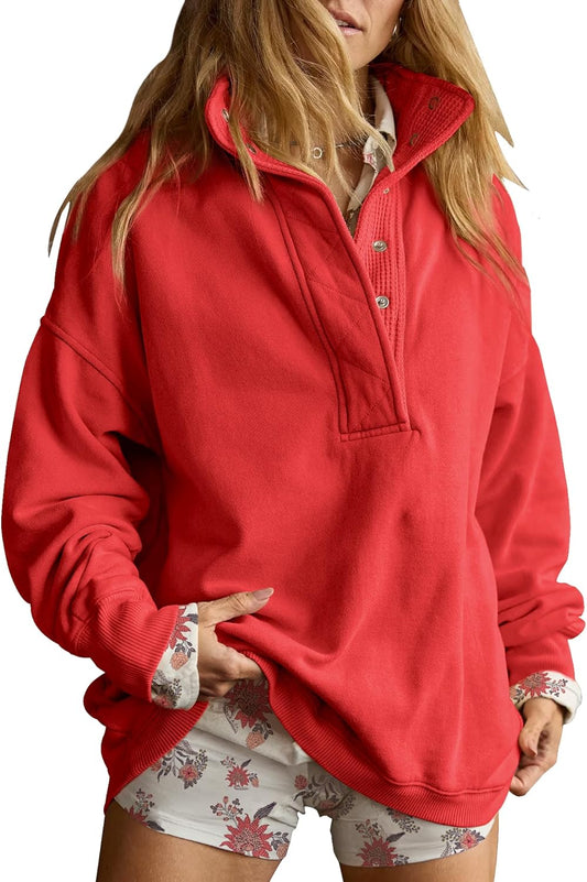 Sweatshirt for Women Oversized Casual Long Sleeve Button Henley Neck Pullover Tops Fashion Outfits Clothes - Seldom Seen Styles