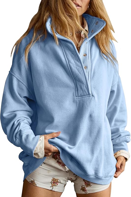Sweatshirt for Women Oversized Casual Long Sleeve Button Henley Neck Pullover Tops Fashion Outfits Clothes - Seldom Seen Styles