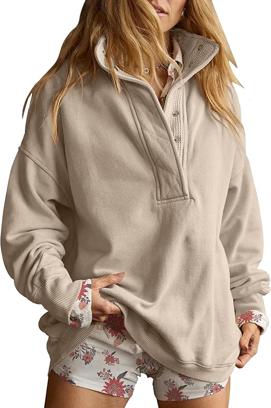 Sweatshirt for Women Oversized Casual Long Sleeve Button Henley Neck Pullover Tops Fashion Outfits Clothes - Seldom Seen Styles