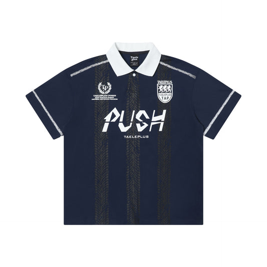 TAELEPLUS 'PUSH' Racing Jersey Striped Polo Shirt | Navy Blue - Seldom Seen Styles