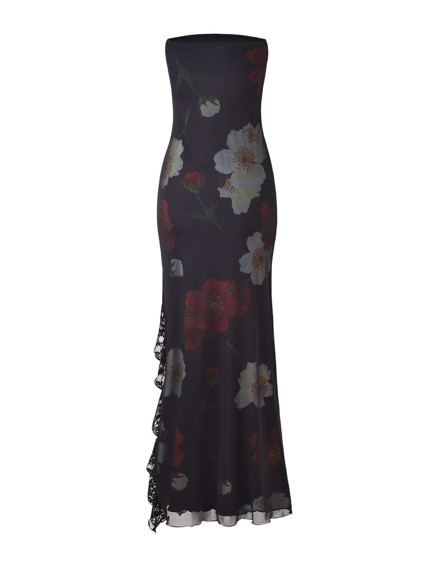 Women's Floral Mesh Maxi Dress Strapless High Slit Elegant Evening Party Dress - Seldom Seen Styles