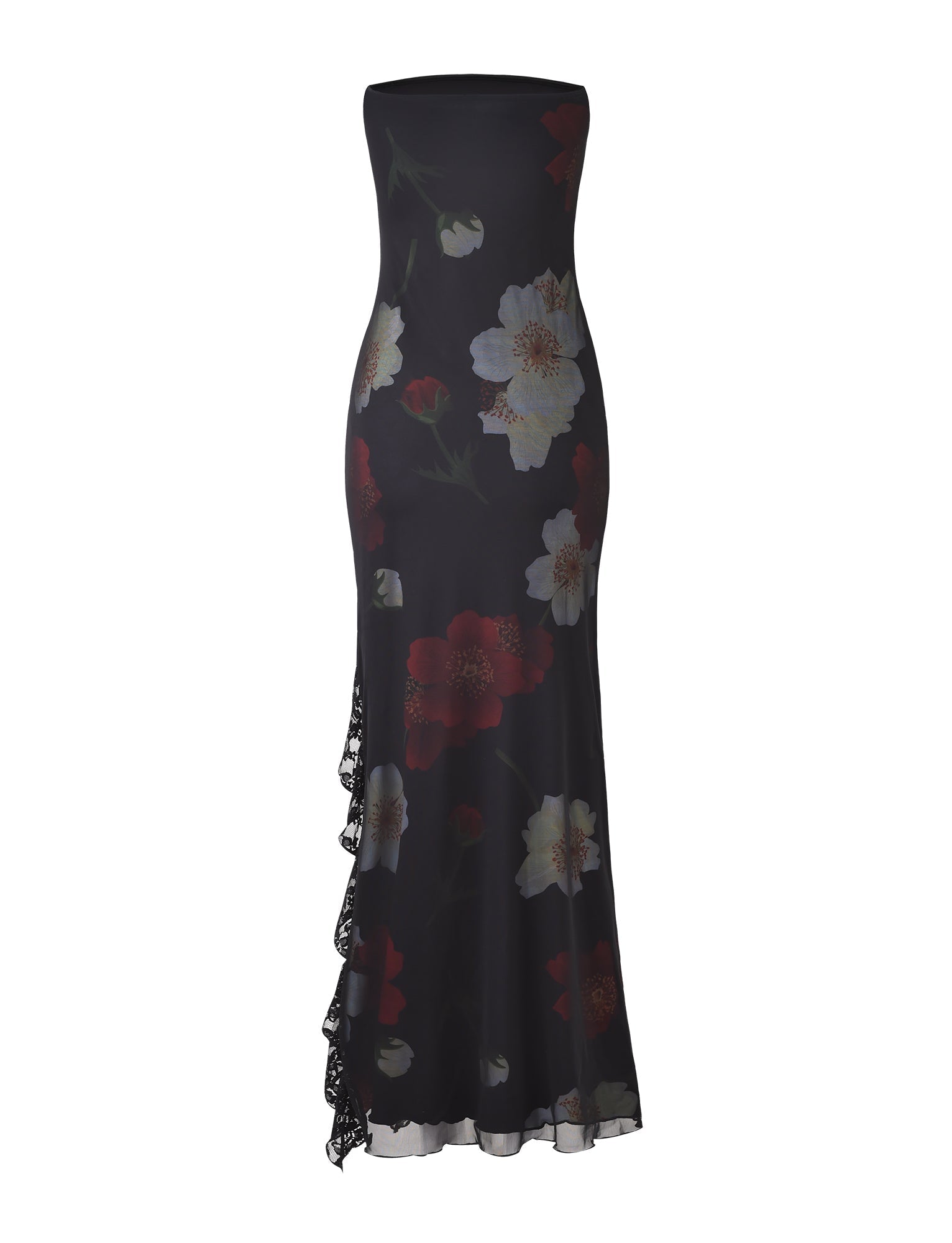 Women's Floral Mesh Maxi Dress Strapless High Slit Elegant Evening Party Dress - Seldom Seen Styles