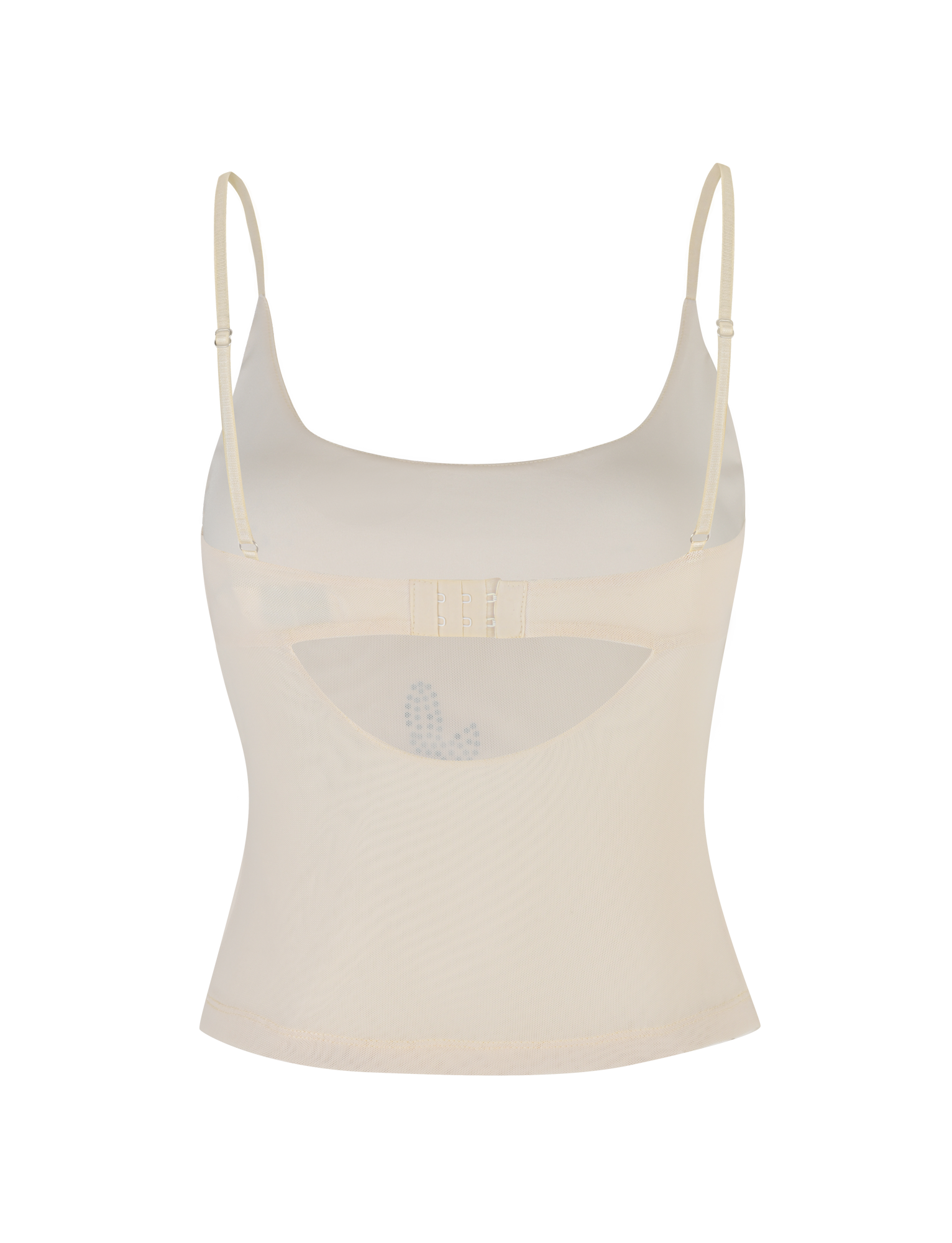 The OCTAVIA TOP - NEUTRAL : CREAM by TIGERMIST is a sheer cream camisole with thin adjustable straps, a back cutout, delicate stitching, and a subtle butterfly detail visible through the fabric.