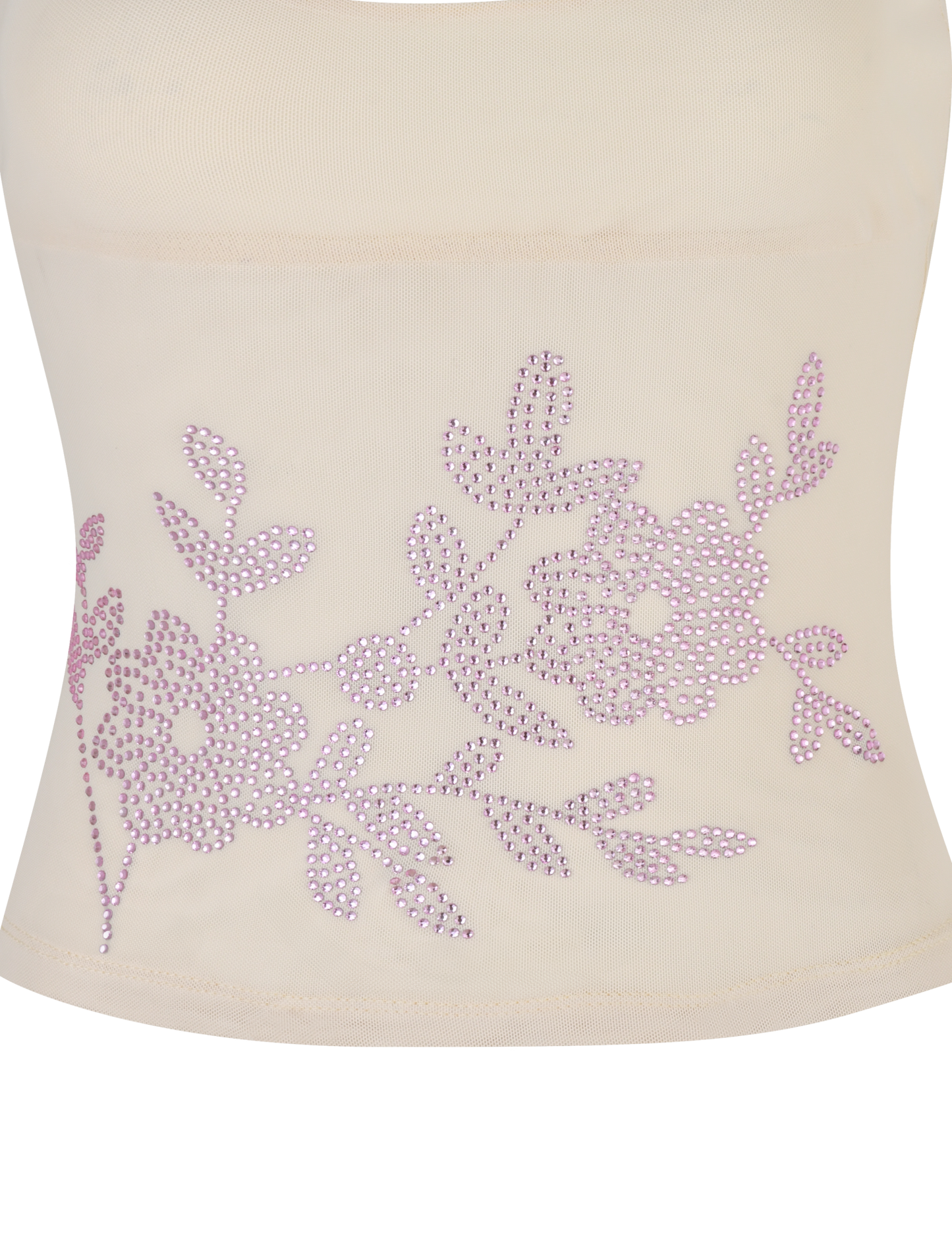 A close-up of the OCTAVIA TOP - NEUTRAL : CREAM by TIGERMIST shows cream fabric adorned with two floral and leaf designs made from small, shiny light purple rhinestones.