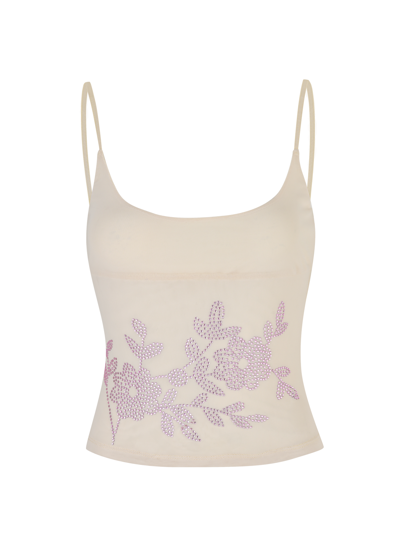 The OCTAVIA TOP - NEUTRAL : CREAM by TIGERMIST is a cream camisole with spaghetti straps, adorned with a lavender floral pattern across the lower front.