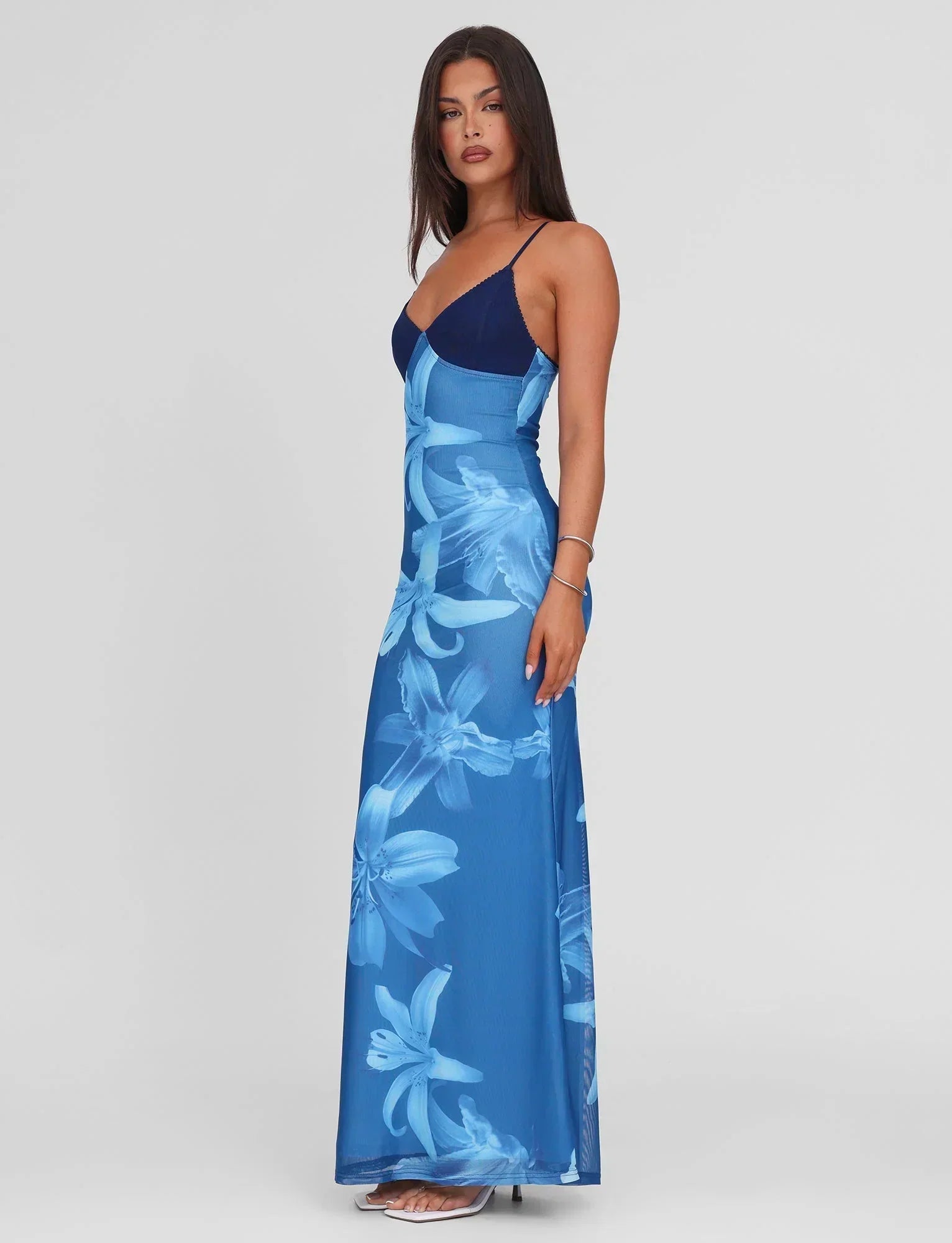 Women's Blue Floral Maxi Dress Mesh Bodycon Elegant Vacation Party Dress - Seldom Seen Styles