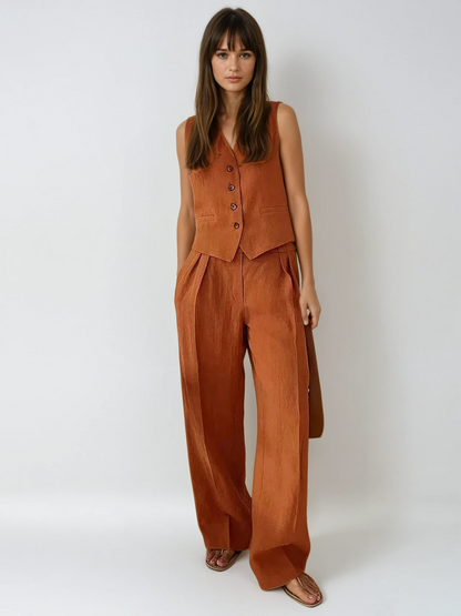Tailored Linen Waistcoat Wide Leg Trouser Matching Set