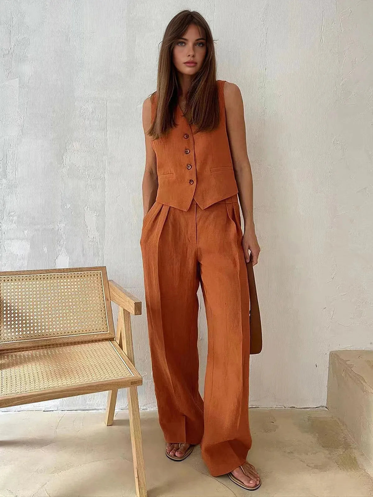 Tailored Linen Waistcoat Wide Leg Trouser Matching Set - Seldom Seen Styles