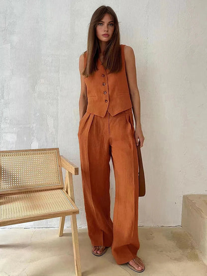 Tailored Linen Waistcoat Wide Leg Trouser Matching Set