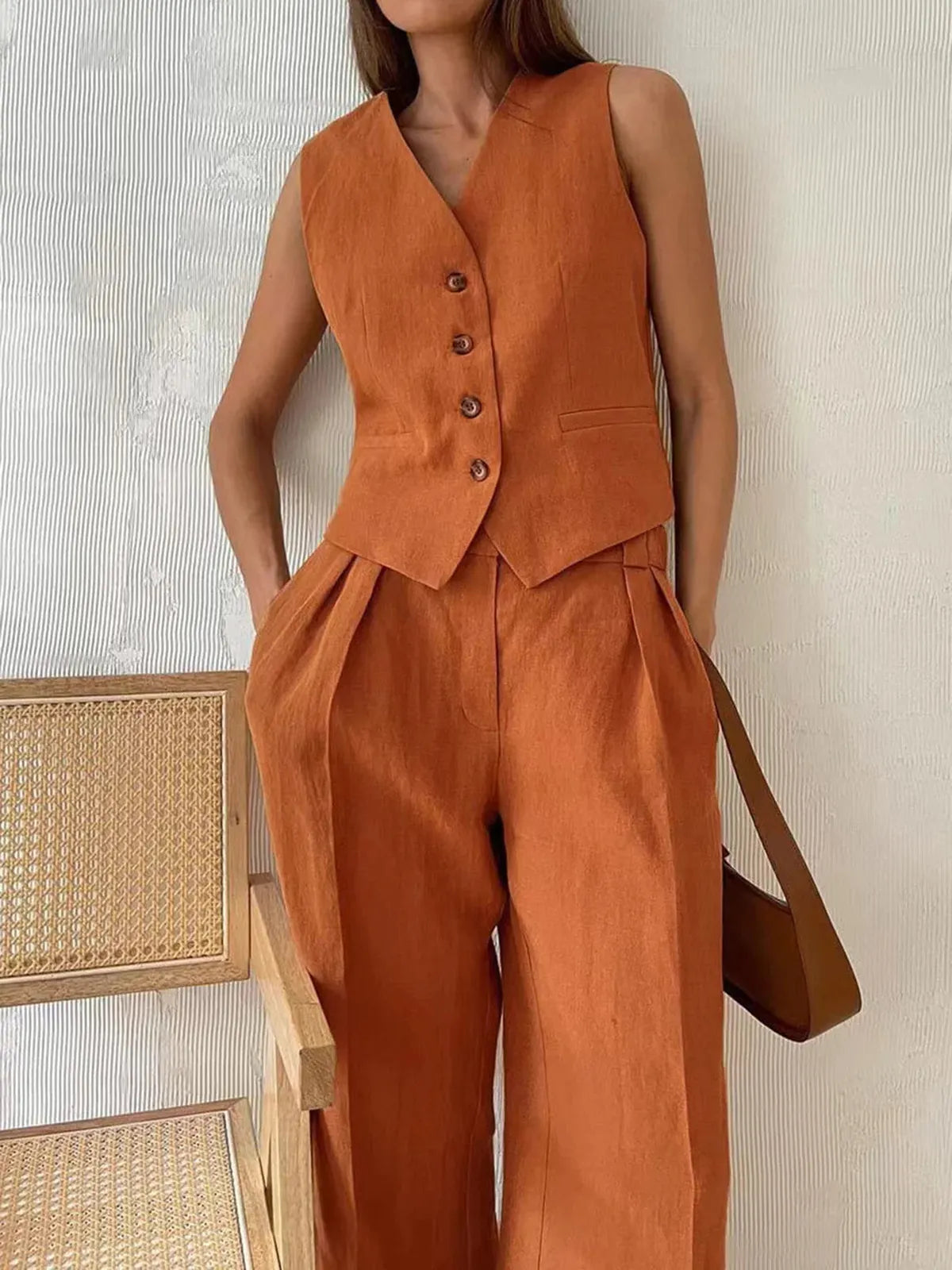 Tailored Linen Waistcoat Wide Leg Trouser Matching Set - Seldom Seen Styles