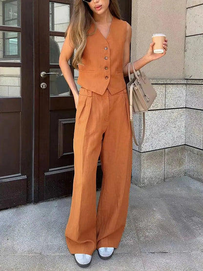 Tailored Linen Waistcoat Wide Leg Trouser Matching Set