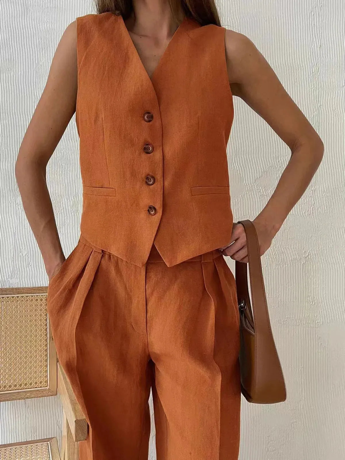 Tailored Linen Waistcoat Wide Leg Trouser Matching Set - Seldom Seen Styles