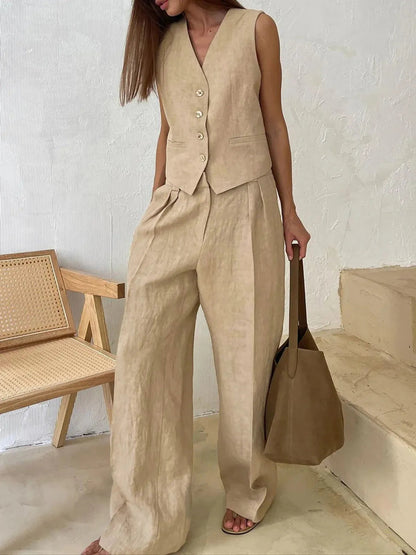 Tailored Linen Waistcoat Wide Leg Trouser Matching Set