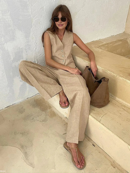 Tailored Linen Waistcoat Wide Leg Trouser Matching Set