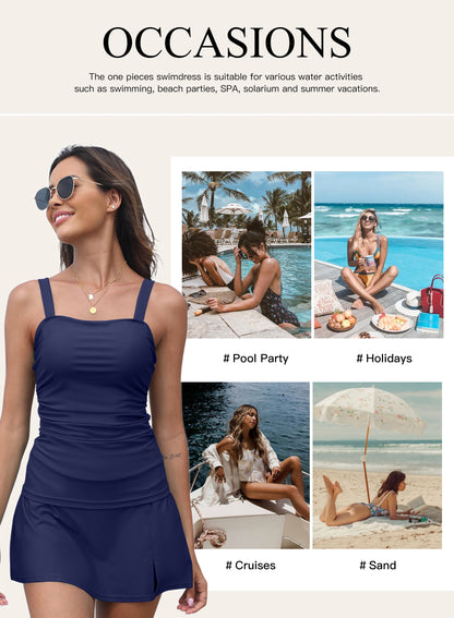 Tankini Swimsuits for Women Tankini Bathing Suit Vintage 2 Piece Tummy Control Tankini Top with Swim Skirt Push up Swimwear Blue M - Seldom Seen Styles