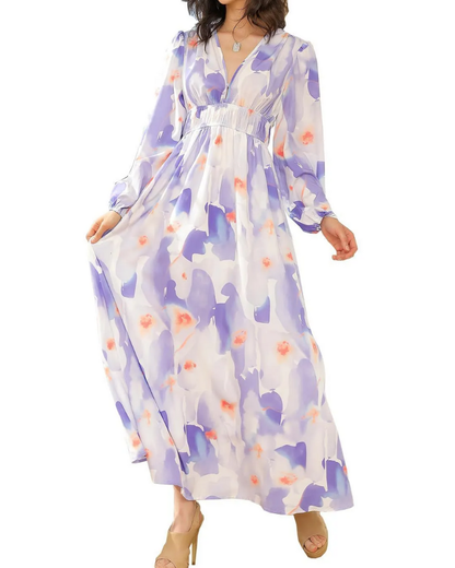 Women's Elegant Floral Maxi Dress - Boho Long Flowy Summer Dress with V-Neck, Lonesleeve Beach Wedding Guest Sundress for Women