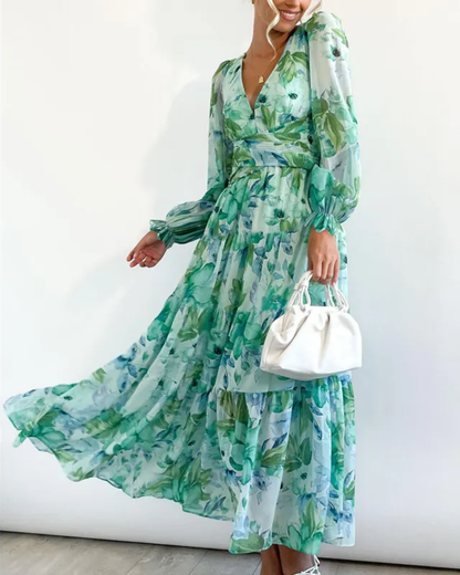 Women's Elegant Floral Maxi Dress - Boho Long Flowy Summer Dress with V-Neck, Lonesleeve Beach Wedding Guest Sundress for Women