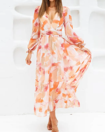Women's Elegant Floral Maxi Dress - Boho Long Flowy Summer Dress with V-Neck, Lonesleeve Beach Wedding Guest Sundress for Women