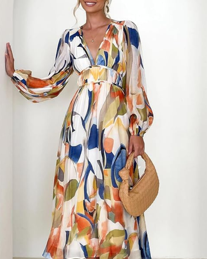 Women's Elegant Floral Maxi Dress - Boho Long Flowy Summer Dress with V-Neck, Lonesleeve Beach Wedding Guest Sundress for Women