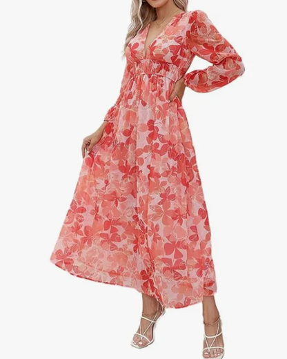 Women's Elegant Floral Maxi Dress - Boho Long Flowy Summer Dress with V-Neck, Lonesleeve Beach Wedding Guest Sundress for Women