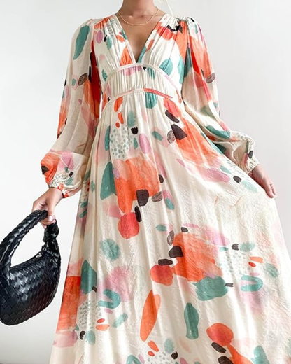 Women's Elegant Floral Maxi Dress - Boho Long Flowy Summer Dress with V-Neck, Lonesleeve Beach Wedding Guest Sundress for Women
