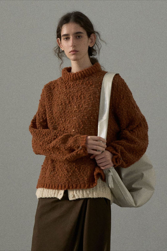 Textured Breathable Bean Yarn Women's Long Sleeve Crew Neck Loose Mohair Sweater Fuzzy Cozy Oversized Knitted Pullover - Seldom Seen Styles