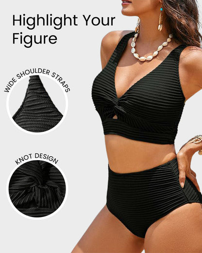 Ensemble bikini taille haute texturé noué sur le devant
