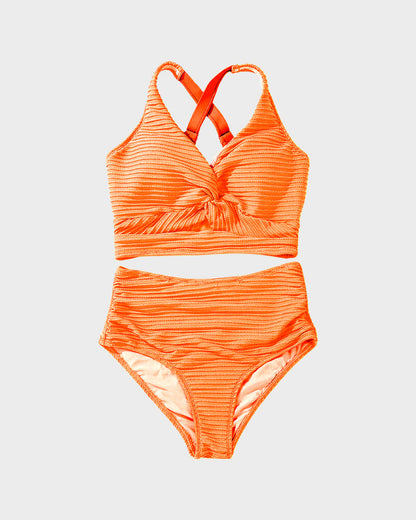 Ensemble bikini taille haute texturé noué sur le devant