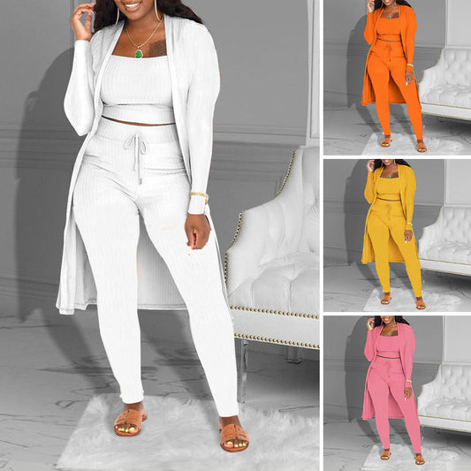 The three-piece leisure suit is made of knitted fabric - short-sleeved, cardigan and pants combination, creating a layered effect, the fabric is soft. - Seldom Seen Styles