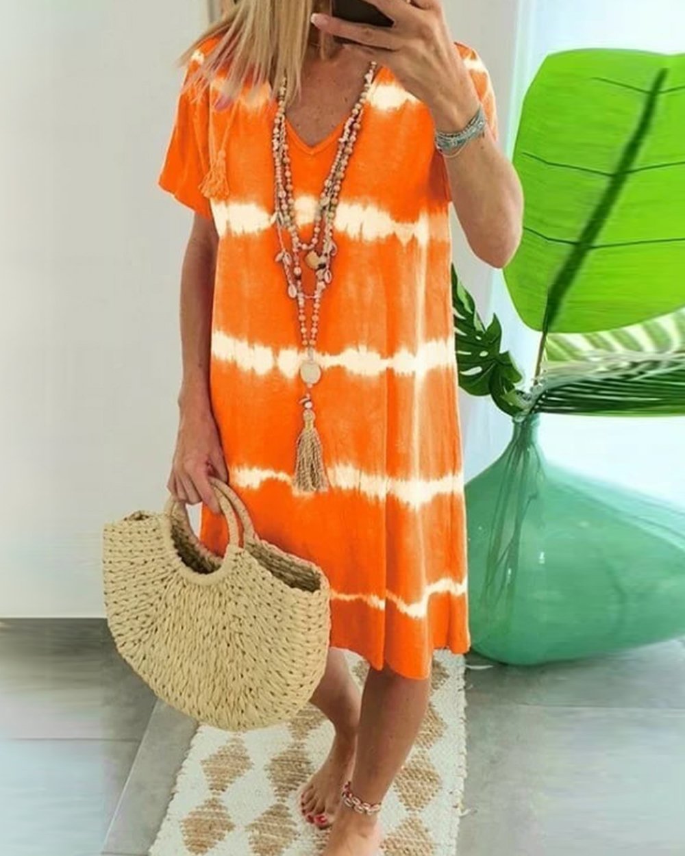 ?Tie-dye Striped Short-sleeved Loose T-shirt Dress - Seldom Seen Styles