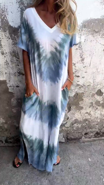 Robe longue confortable tie-dye à col en V