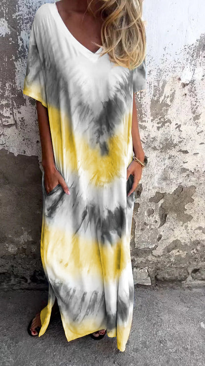 Robe longue confortable tie-dye à col en V