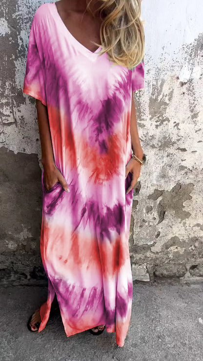 Robe longue confortable tie-dye à col en V