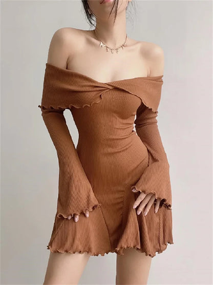 FashionSierra – Schwarz Strick Damen Off-Shoulder Locker Schmal Fashion Geripptes Kleid Strickwaren Kleidung Weiblich Freizeitkleid